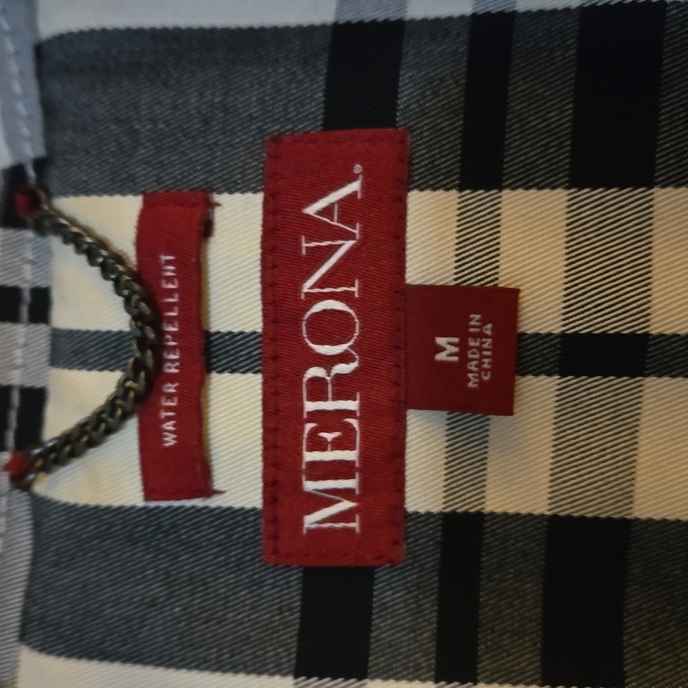 Merona waterproof trench coat, size M white and black check